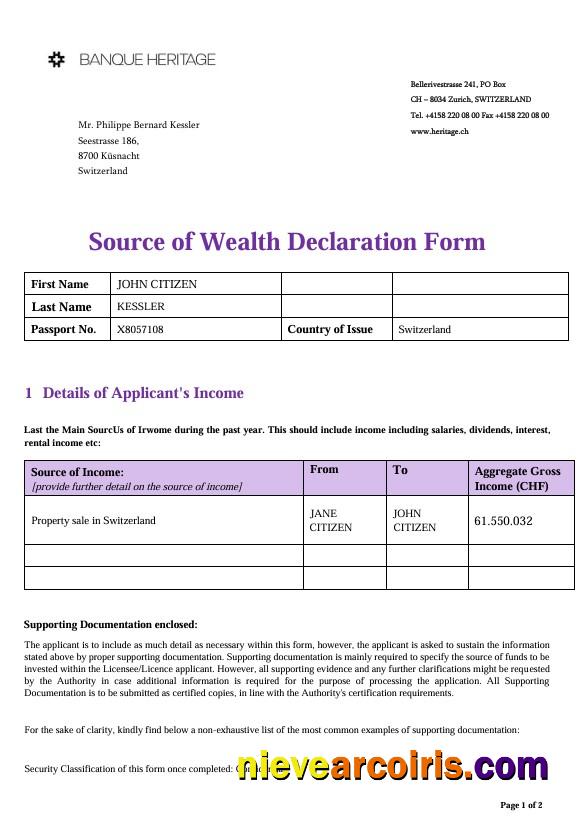 Switzerland Source of Wealth Declaration Heritage Bank